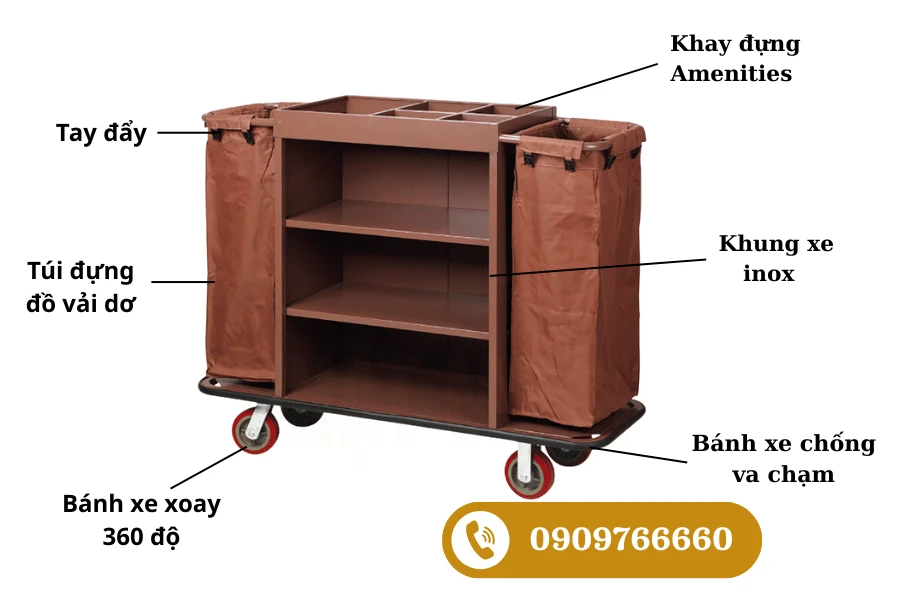 Mô tả sản phẩm xe dọn phòng sắt sơn 2 túi lắp ráp VS61X05