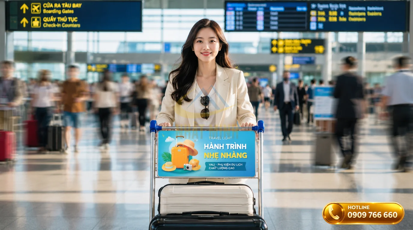 Biển quảng cáo cỡ lớn gắn trên xe đẩy hành lý sân bay giúp mang lại nguồn thu kinh tế