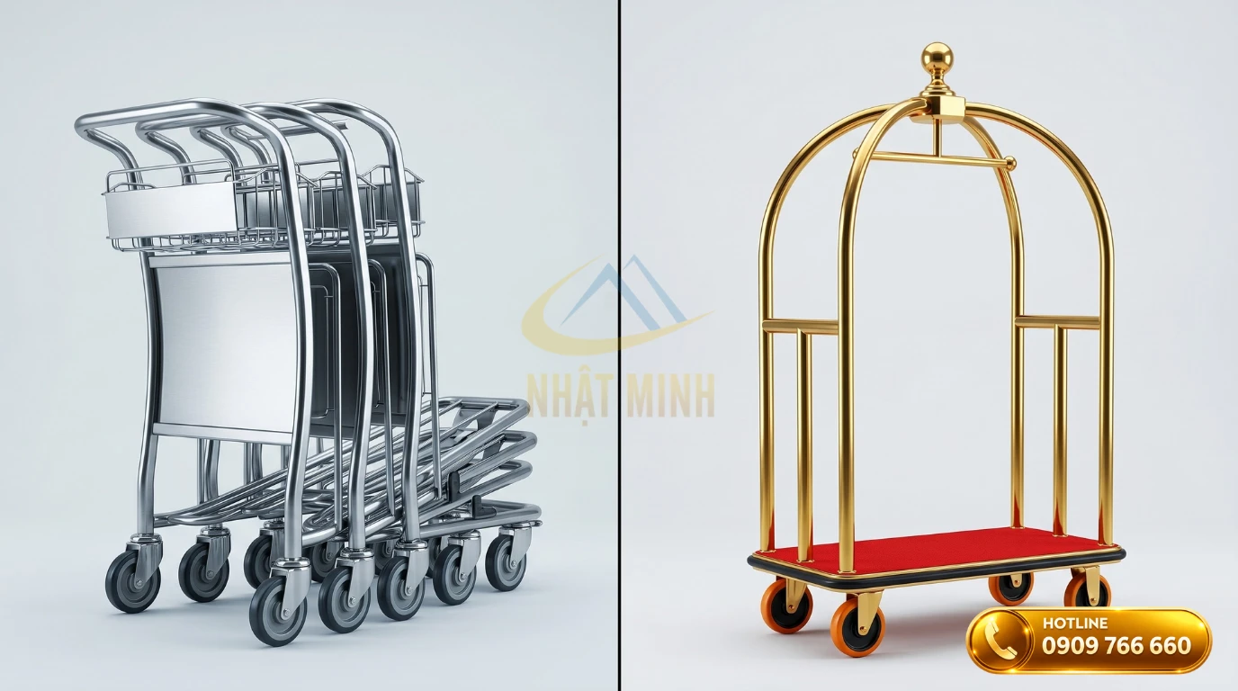 Phân biệt thiết kế công năng giữa xe đẩy hành lý sân bay và xe đẩy khách sạn