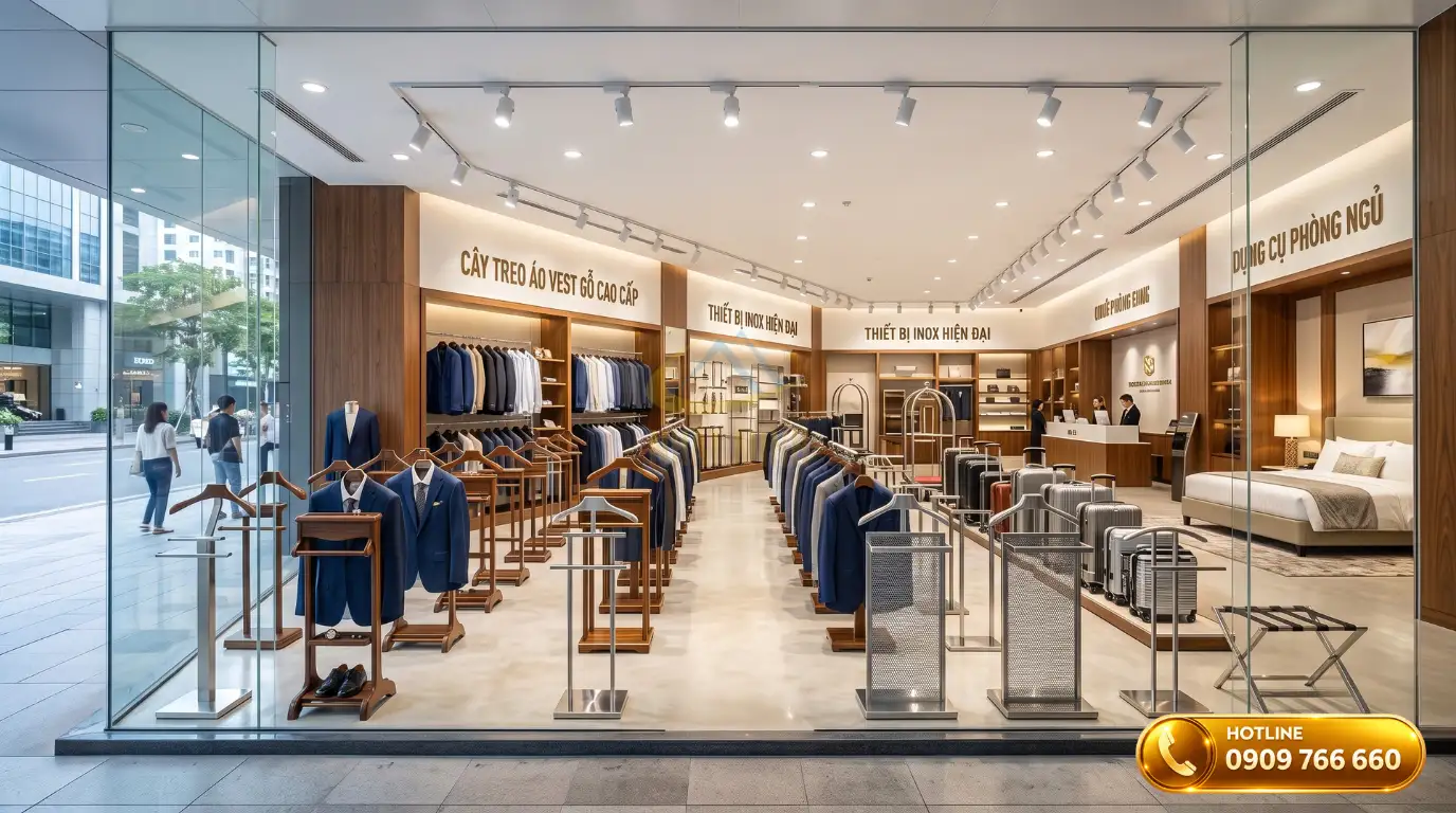 Showroom cung cấp các mẫu giá treo áo vest đa dạng chất liệu của thương hiệu Nhật Minh