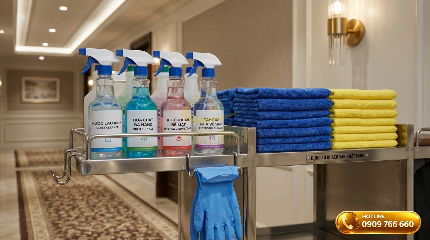 Chi tiết cách sắp xếp khăn lau đa năng, hóa chất và vật tư y tế trên xe đẩy housekeeping chuyên dụng