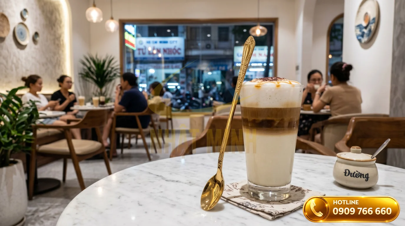 Mẫu muỗng cà phê inox mạ vàng thiết kế tinh tế cho quán cafe lounge