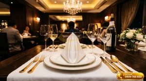 Setup muỗng inox mạ vàng cao cấp trên bàn tiệc nhà hàng sang trọng