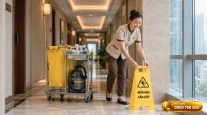 Nhân viên housekeeping đặt biển báo sàn ướt khi thao tác với xe đẩy dọn vệ sinh hành lang khách sạn sang trọng
