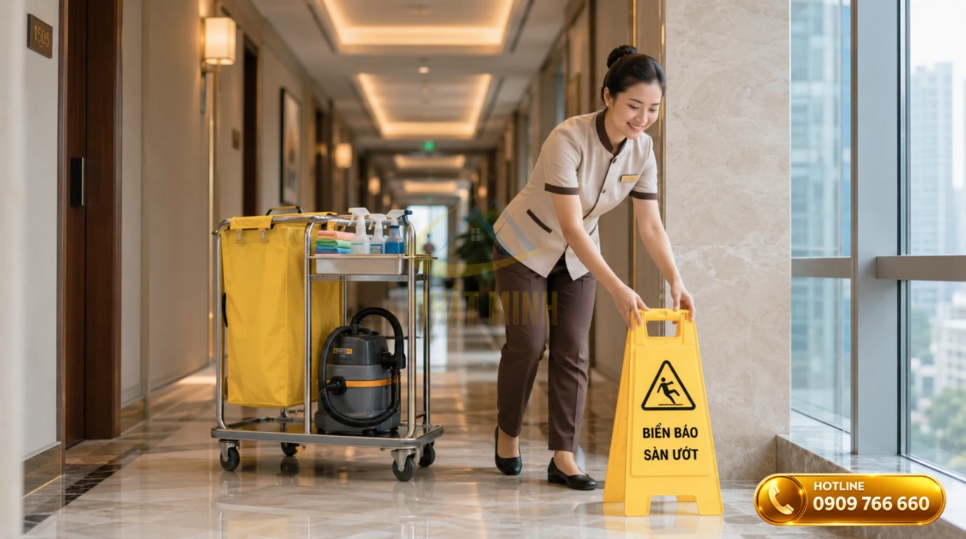 Nhân viên housekeeping đặt biển báo sàn ướt khi thao tác với xe đẩy dọn vệ sinh hành lang khách sạn sang trọng