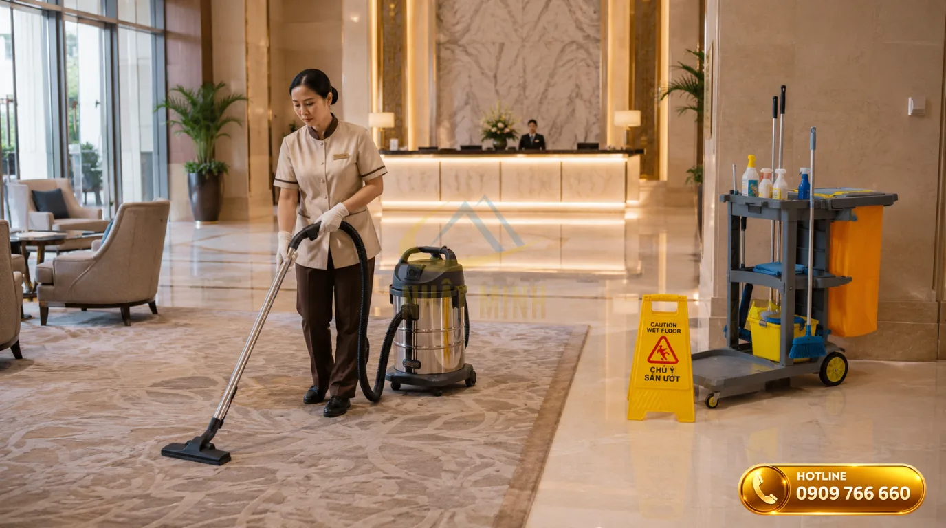 Nhân viên dọn vệ sinh công cộng hút bụi thảm trang trí tại khu vực sảnh lễ tân khách sạn