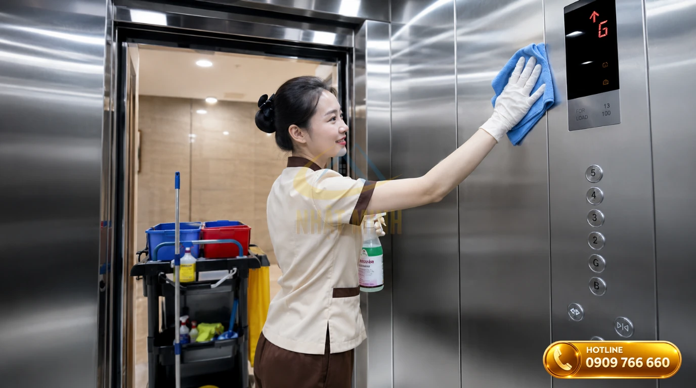Quy trình dọn vệ sinh lau chùi vách thang máy inox bằng xe đẩy dụng cụ vệ sinh chuyên dụng