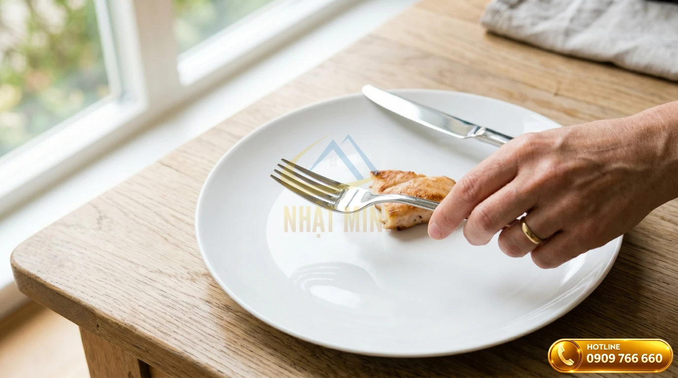 Thao tác chuyển tay khi thực hiện cách cầm dao nĩa theo phong cách Mỹ