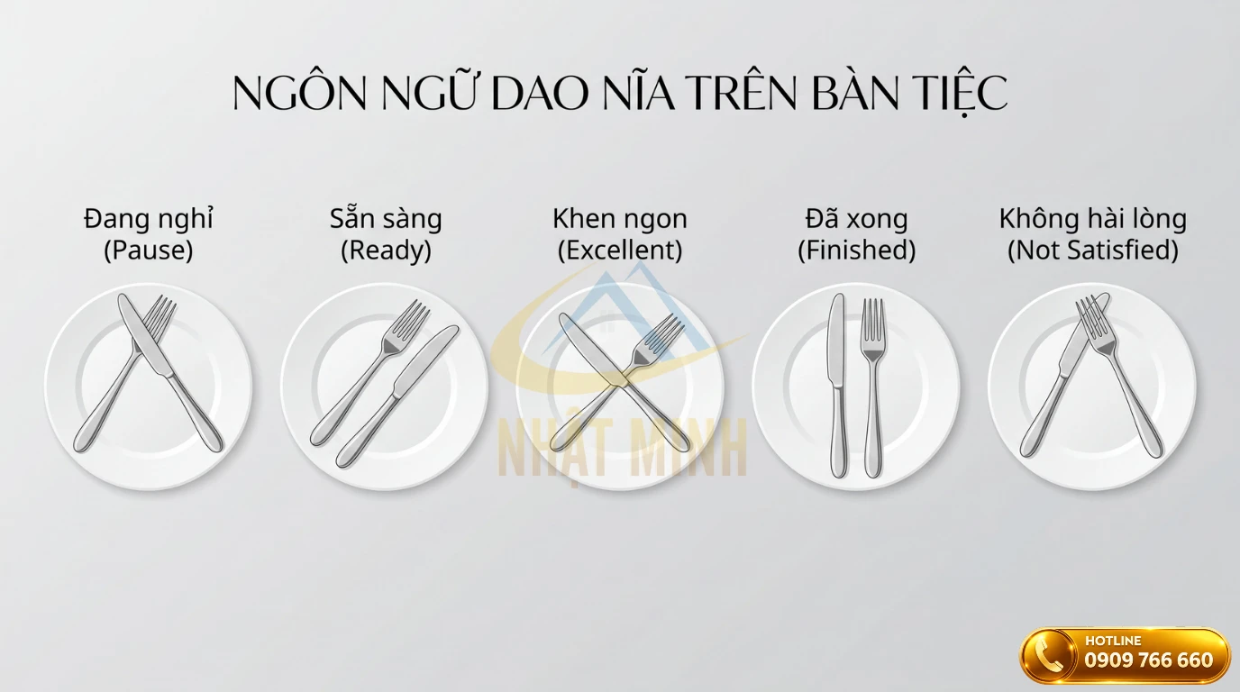 Minh họa 5 tư thế đặt ngôn ngữ dao nĩa trên bàn tiệc