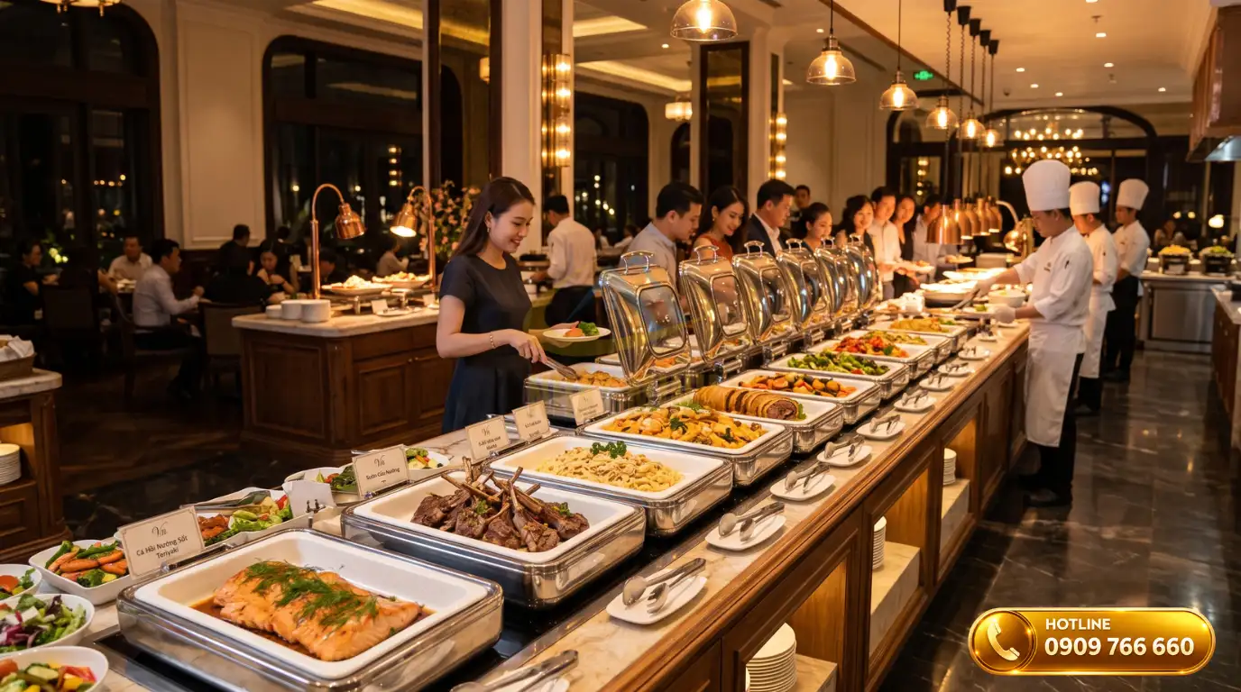 Không gian tổ chức tiệc buffet sang trọng tại nhà hàng cao cấp