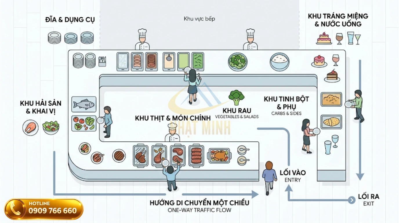 Sơ đồ thiết kế quầy line một chiều khi tổ chức tiệc buffet