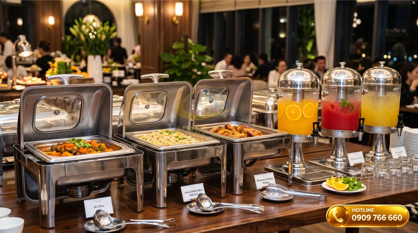 Chuẩn bị đầy đủ thiết bị và dụng cụ tiệc buffet chuyên dụng