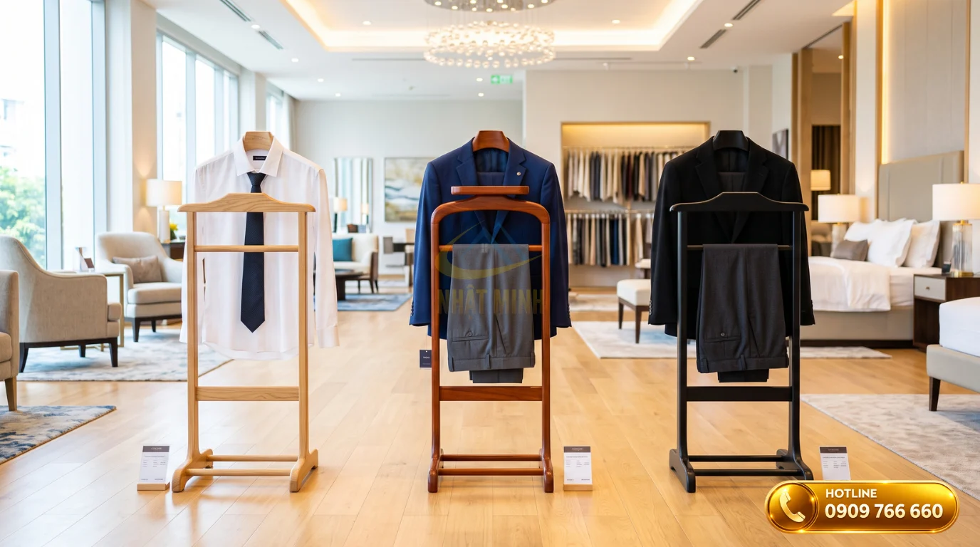 Các mẫu cây treo áo vest gỗ giá rẻ đa dạng màu sắc trưng bày tại showroom Nhật Minh
