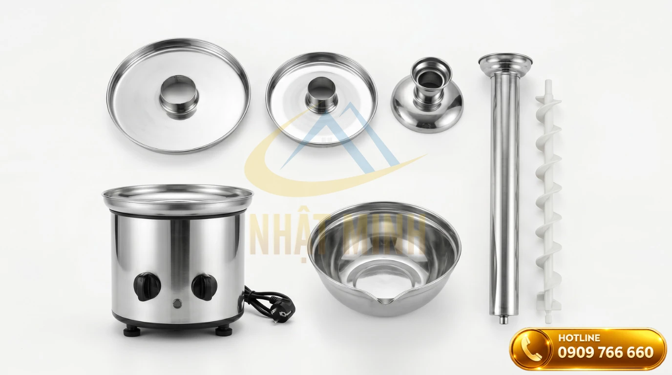 Các bộ phận cấu tạo chi tiết của tháp phun socola bao gồm chân đế, trục xoắn và khay tầng