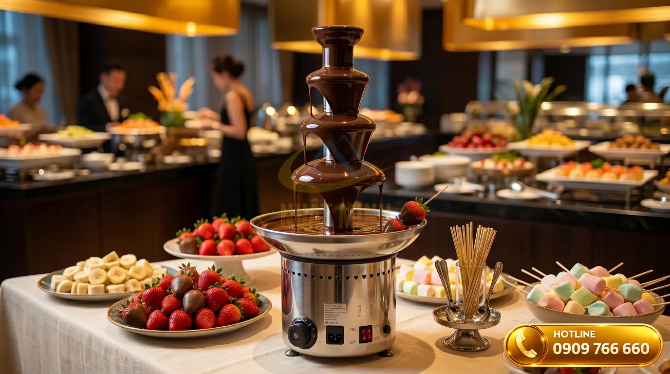 Tháp phun socola 4 tầng bằng inox đang chảy mượt mà trong bữa tiệc buffet sang trọng