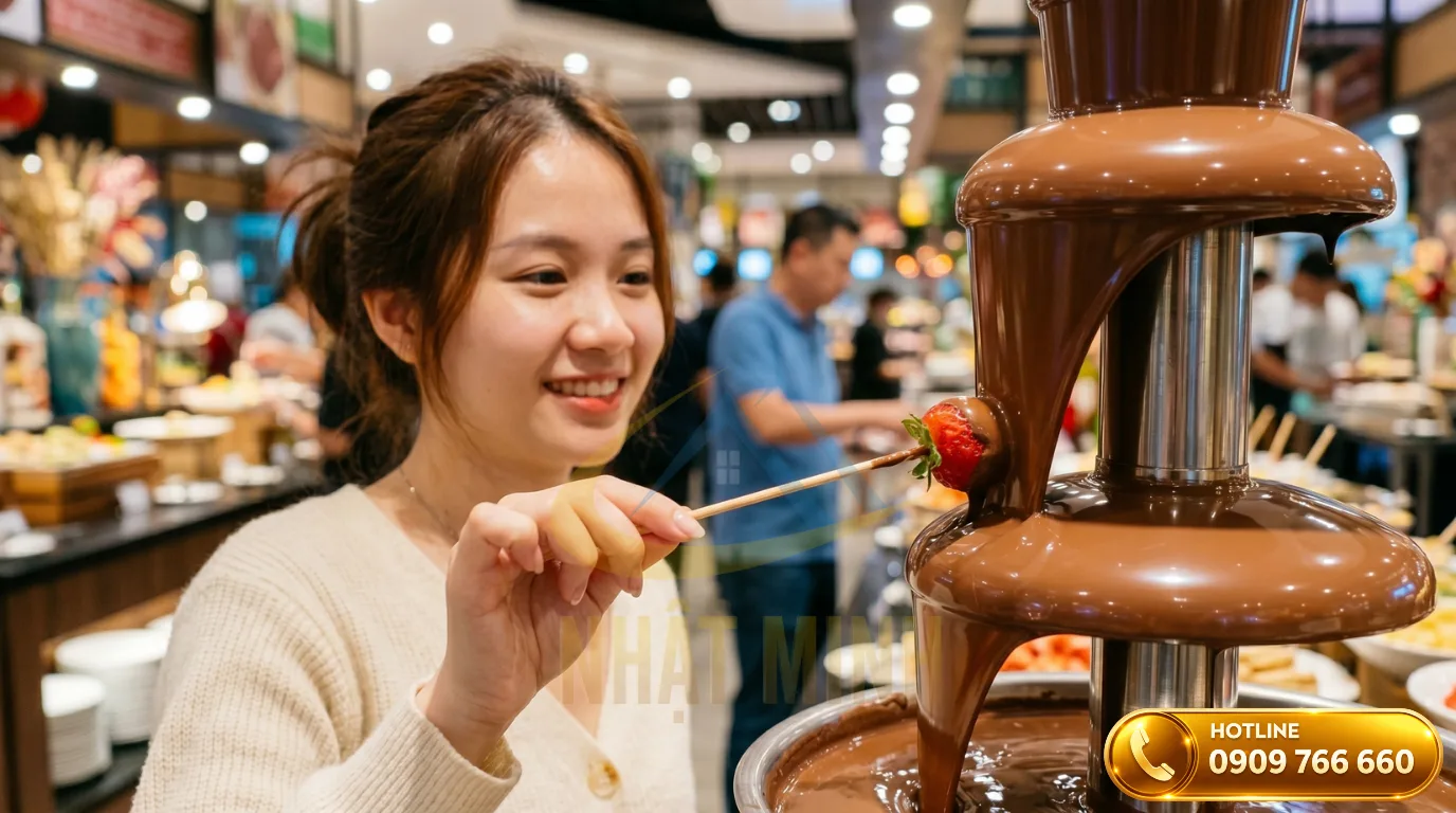 Thực khách đang nhúng xiên dâu tây tươi vào dòng chảy của tháp phun socola nóng