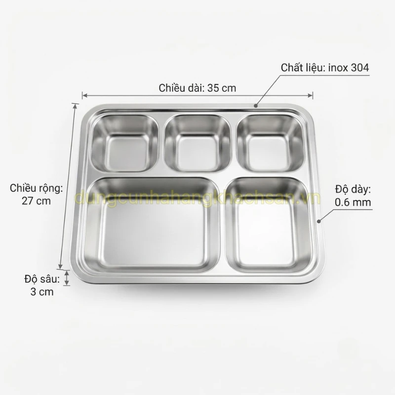 Kích thước khay đựng cơm inox 5 ngăn 304 TBB-KC004