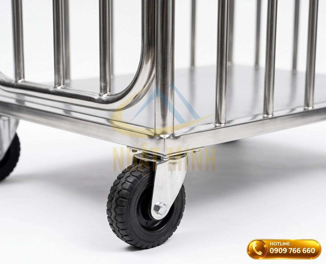 Khung sườn vững chắc và bánh xe cao su linh hoạt của xe đẩy đồ vải inox