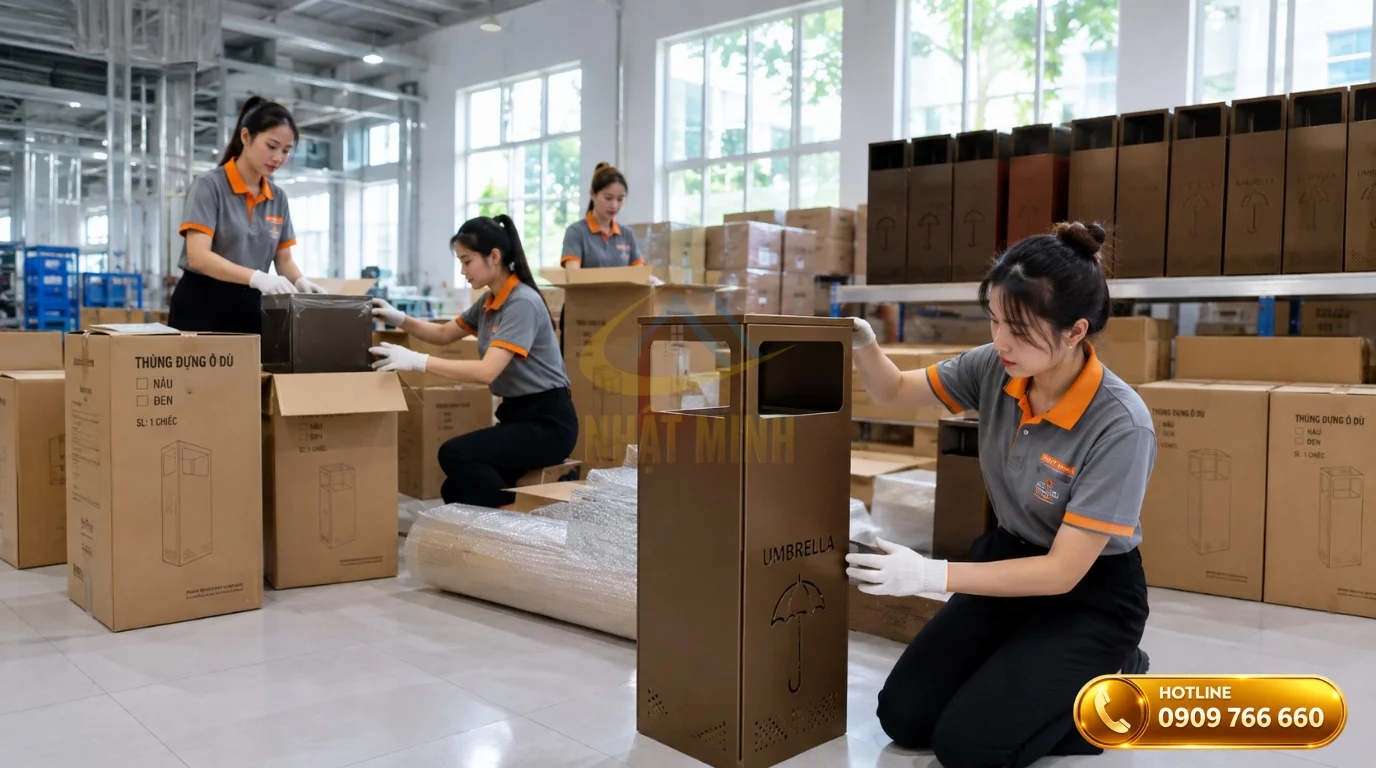 Nhân viên đang kiểm tra và đóng gói thùng đựng dù