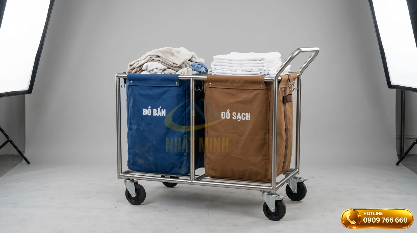 Mẫu xe đẩy đồ vải inox 2 túi chuyên dụng giúp phân loại đồ dơ ướt và khô hiệu quả