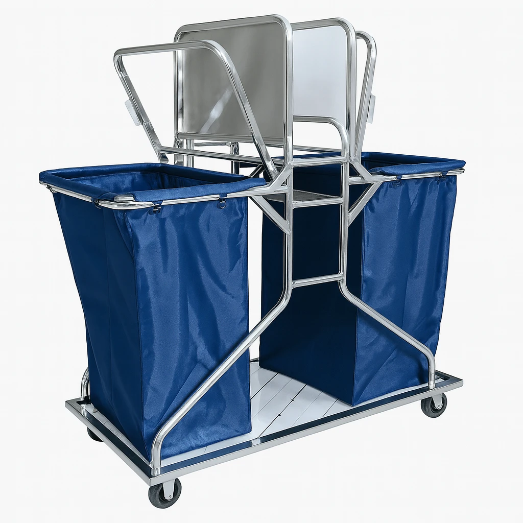 Xe đẩy dọn vệ sinh bằng inox, có 2 túi đựng đồ bẩn