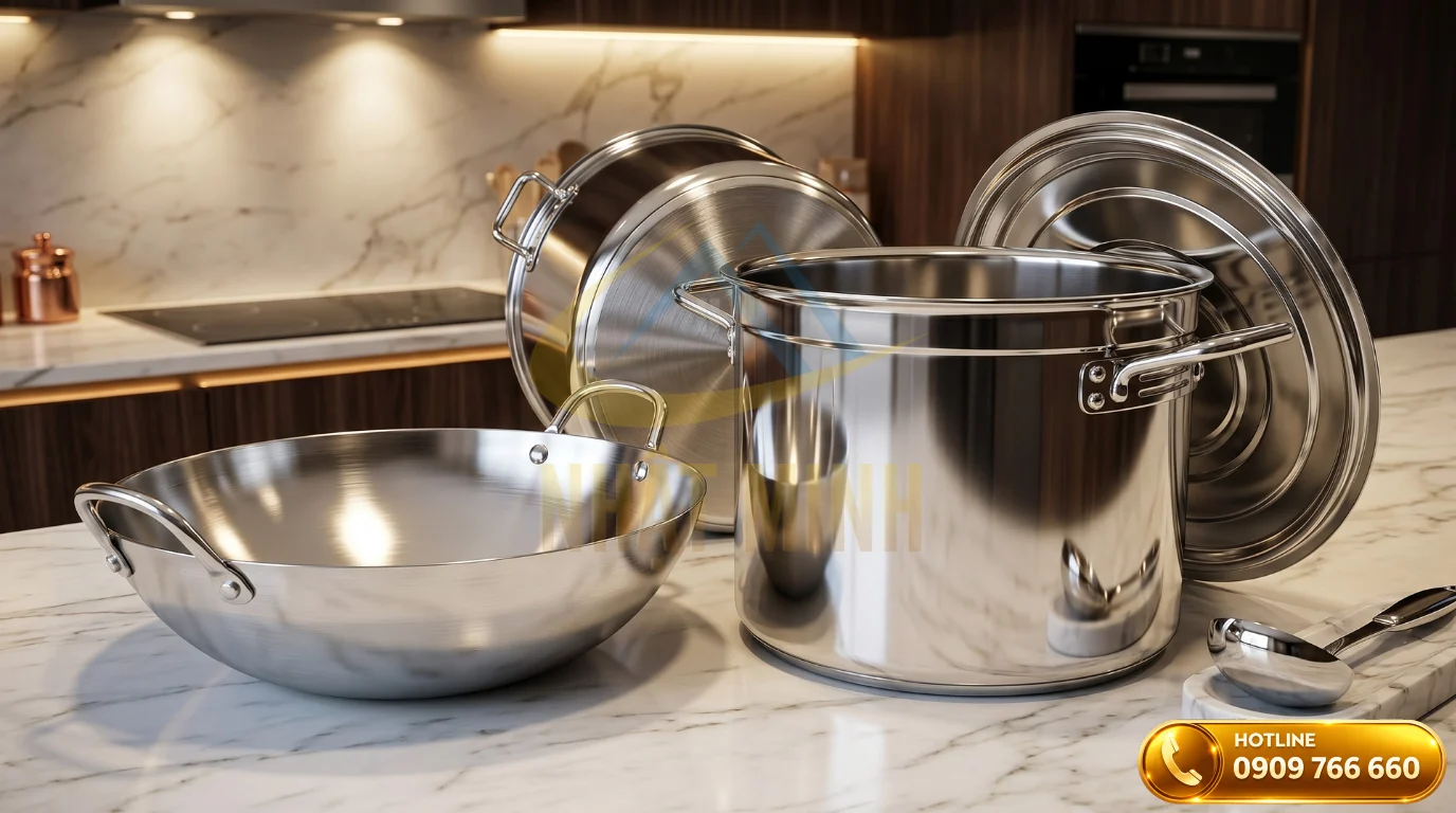 Dụng cụ nhà bếp nồi chảo công nghiệp bằng inox 304 dày dặn