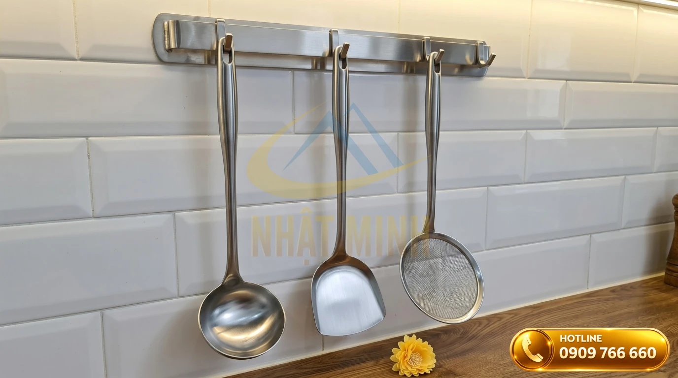 Dụng cụ nhà bếp gồm vá, sạn, vợt inox cán dài chịu nhiệt độ cao