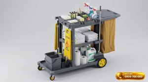 Sơ đồ cách sắp xếp dụng cụ vệ sinh trên xe đẩy buồng phòng 3 tầng chuẩn khách sạn