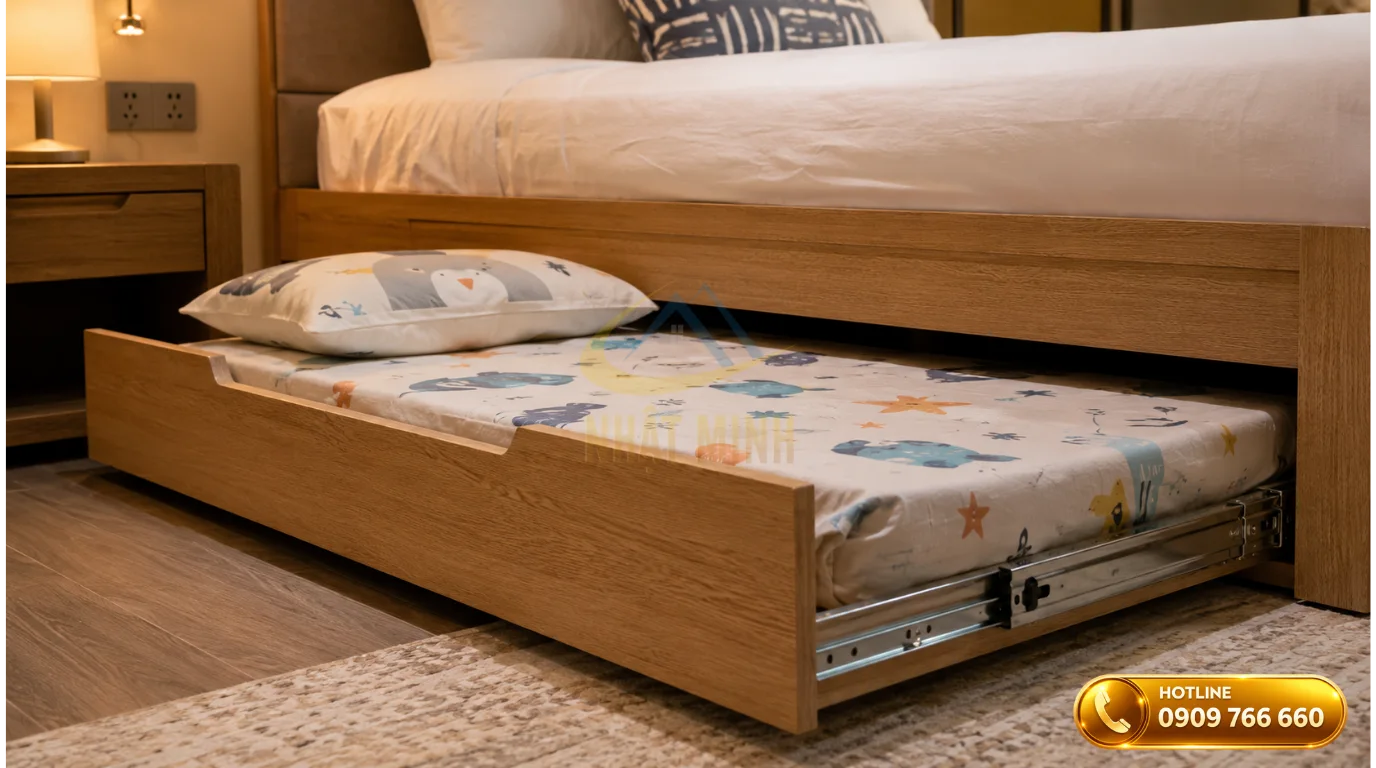 Giường kéo trundle bed giấu dưới gầm giường chính tối ưu cho phòng family