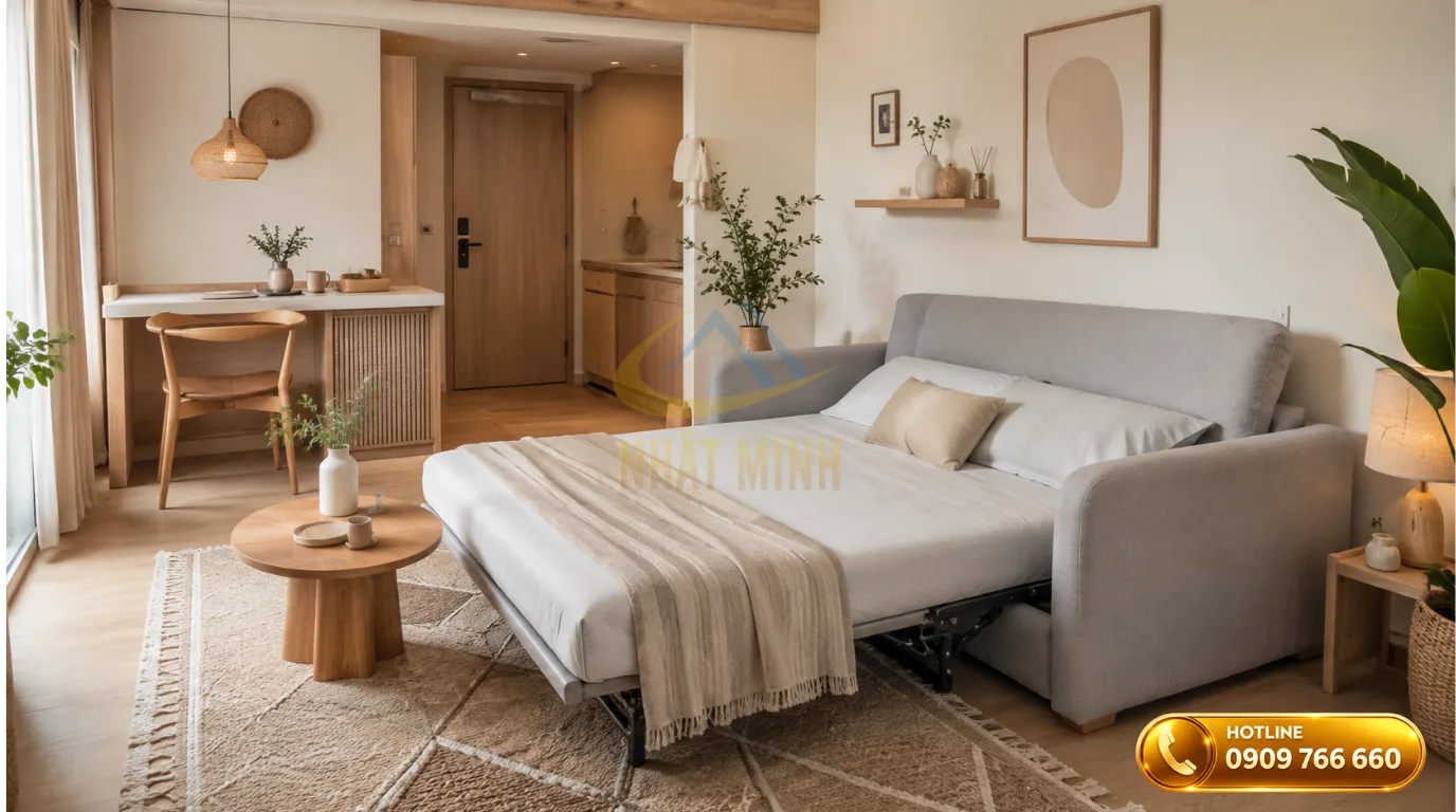 Sofa bed mở ra thành giường ngủ tiện lợi cho phòng homestay diện tích nhỏ