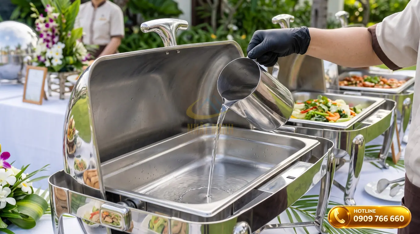 Nhân viên châm nước vào khay cách thủy của nồi hâm buffet đúng quy trình vận hành