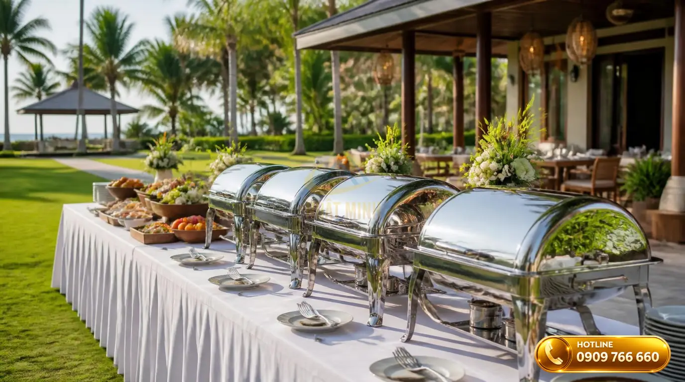 Nồi hâm buffet dùng cồn bố trí trên bàn tiệc catering ngoài trời tiện lợi