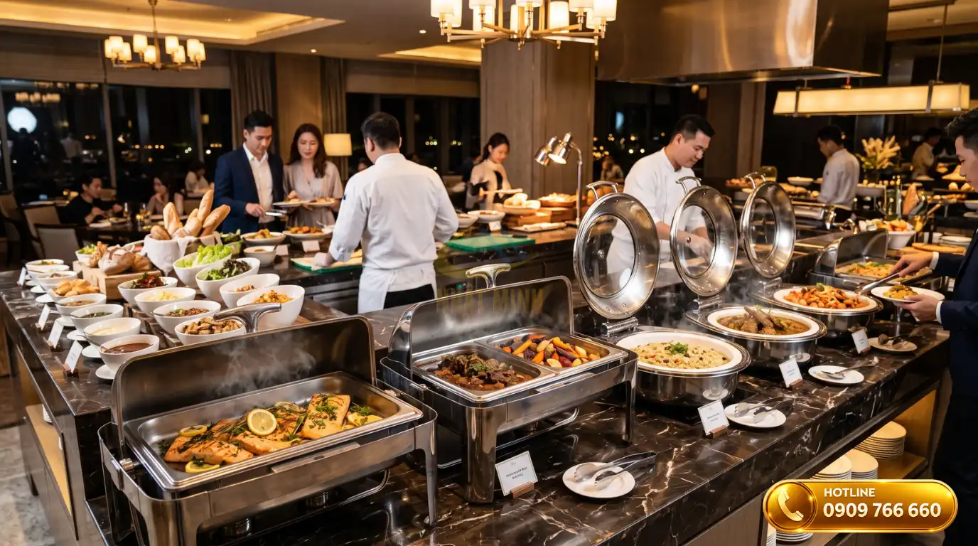 Quầy line tiệc buffet sang trọng trang bị các mẫu nồi hâm thức ăn buffet inox cao cấp