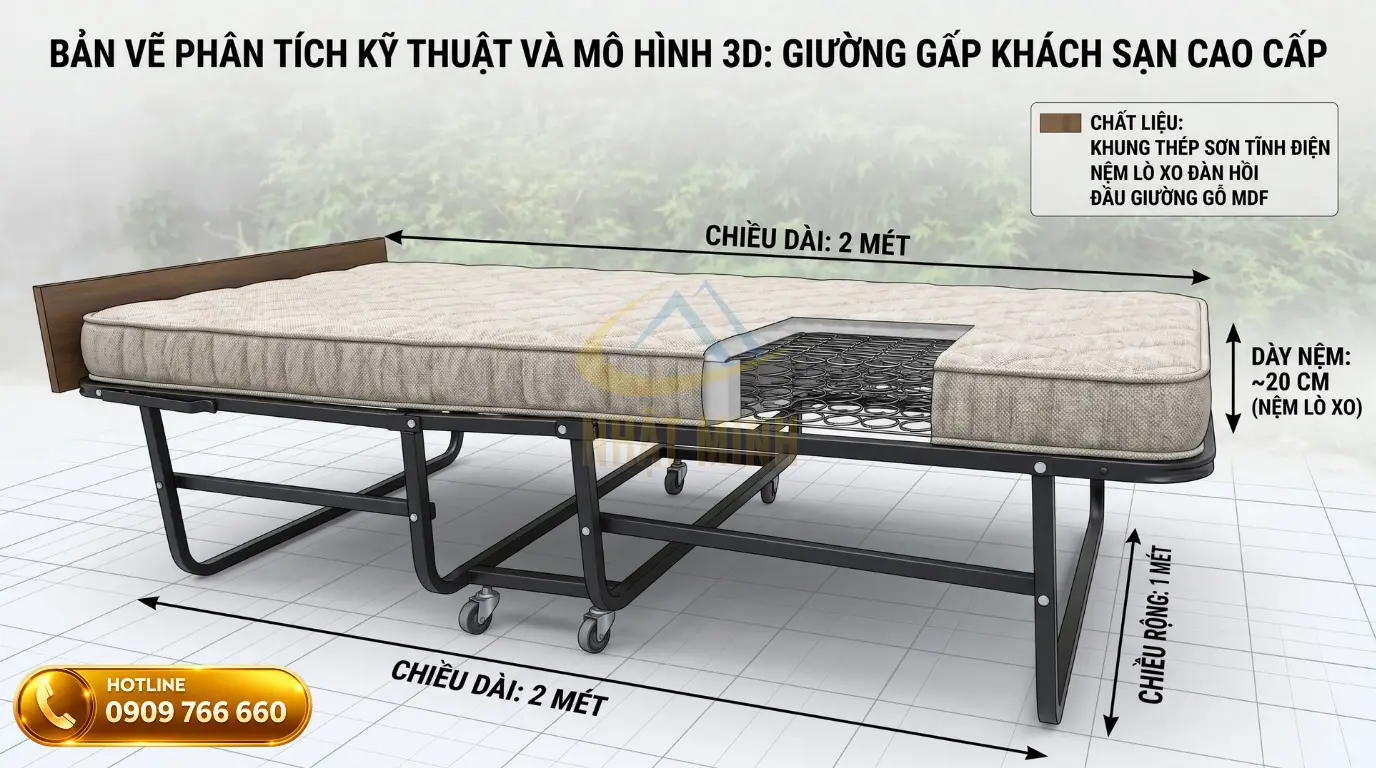 Minh họa thông số kích thước chiều dài và chiều rộng tiêu chuẩn của giường phụ extra bed
