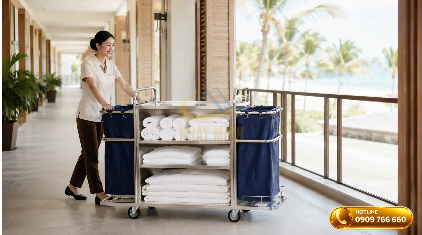 Thực tế sử dụng xe dọn phòng khách sạn inox tại resort ven biển