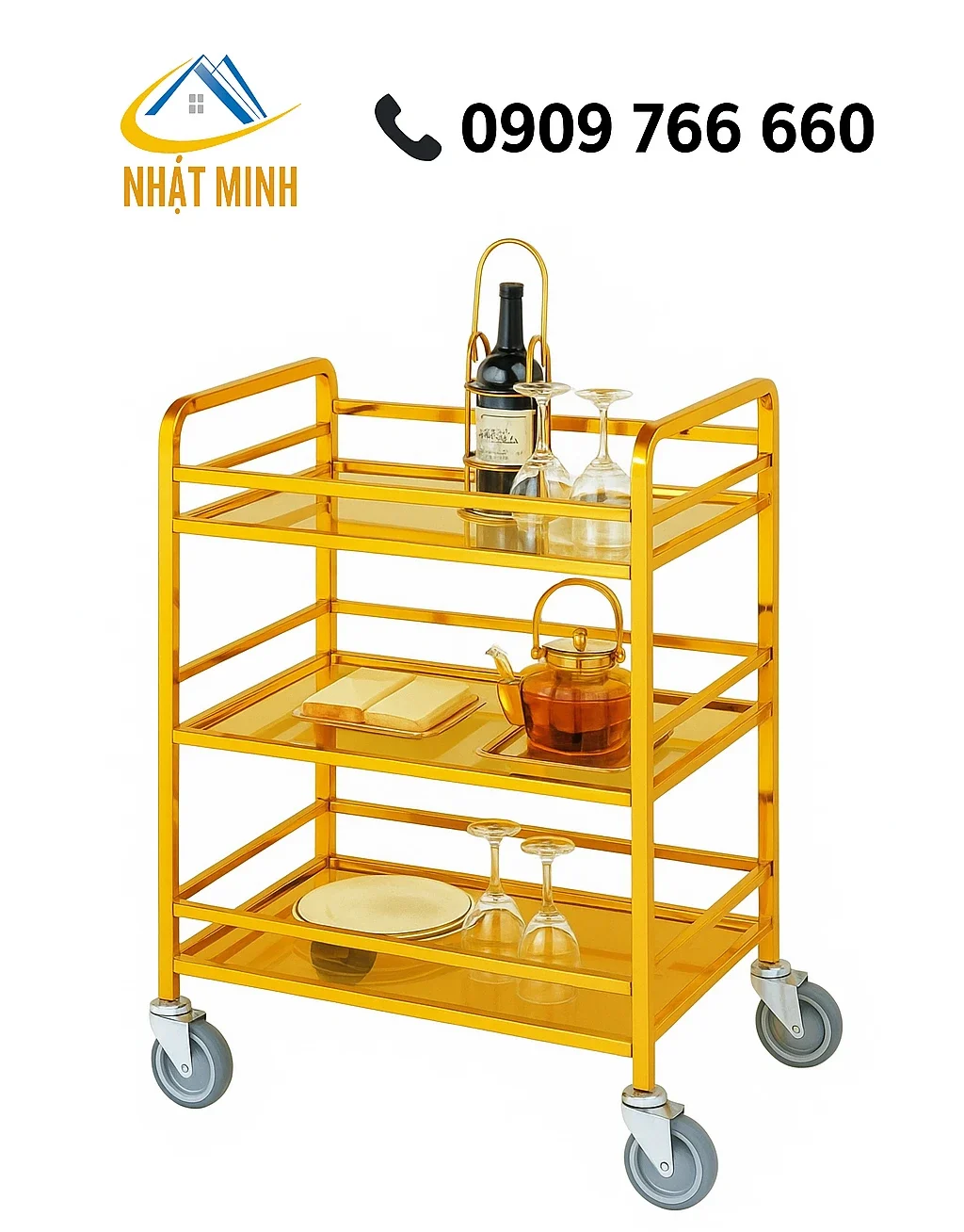 Xe đẩy rượu 3 tầng mạ vàng