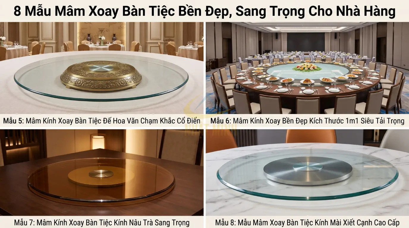 Các mẫu mâm xoay bàn tiệc cao cấp từ mẫu 5 đến mẫu 8 với thiết kế cổ điển mạ vàng và phôi kính màu trà sang trọng