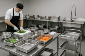 Dụng cụ sơ chế thực phẩm tại bếp nhà hàng