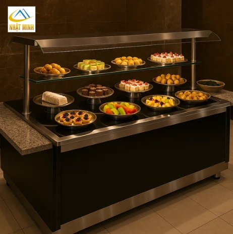 Quầy buffet tráng miệng inox sáng bóng kết hợp kính đen