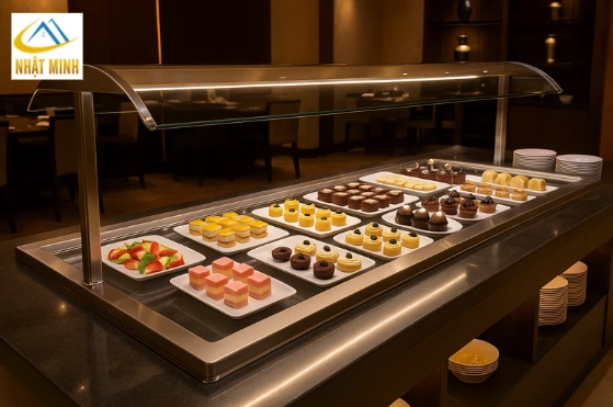 Quầy line tráng miệng bằng kính cường lực sáng bóng