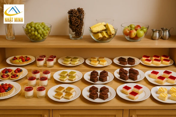 Quầy tráng miệng gỗ tự nhiên tone sáng