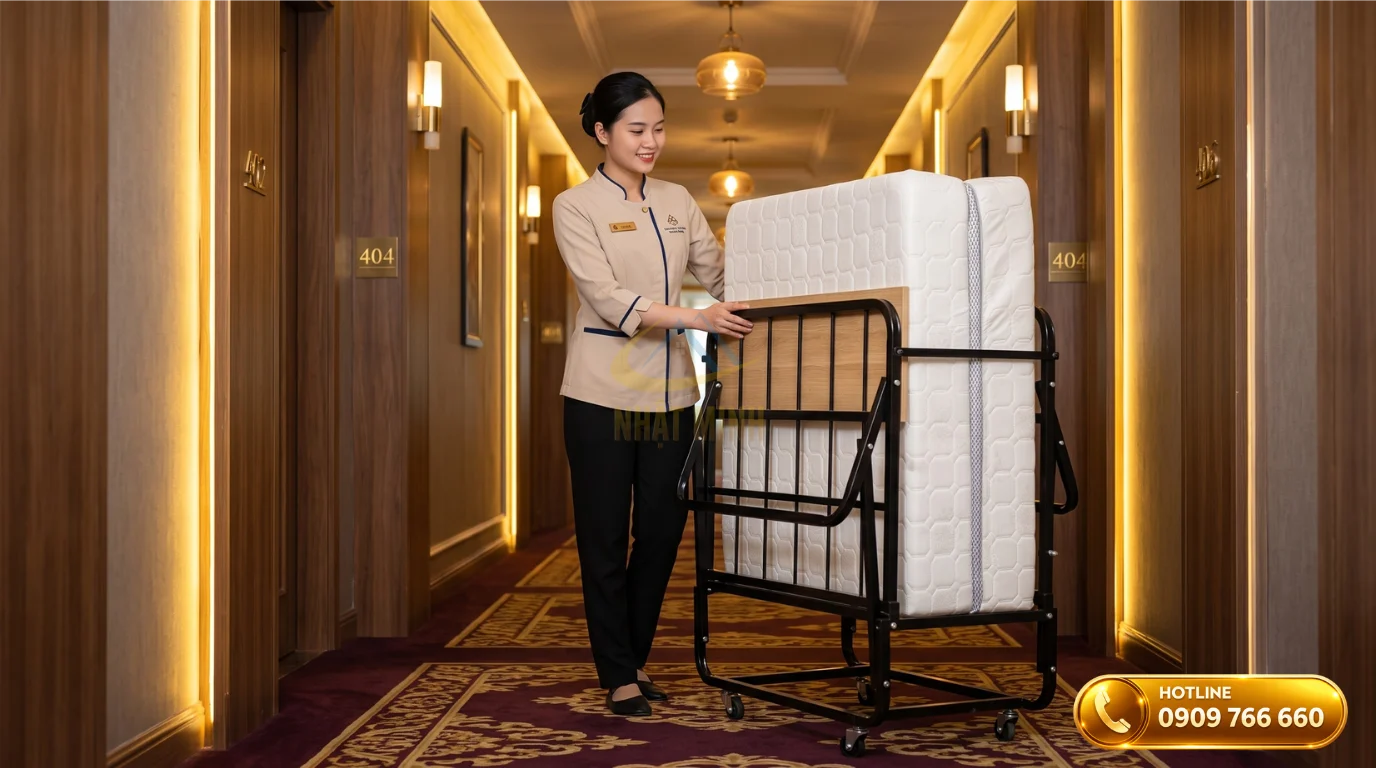 Kích thước giường extra bed gấp gọn giúp nhân viên buồng phòng di chuyển và lưu kho dễ dàng