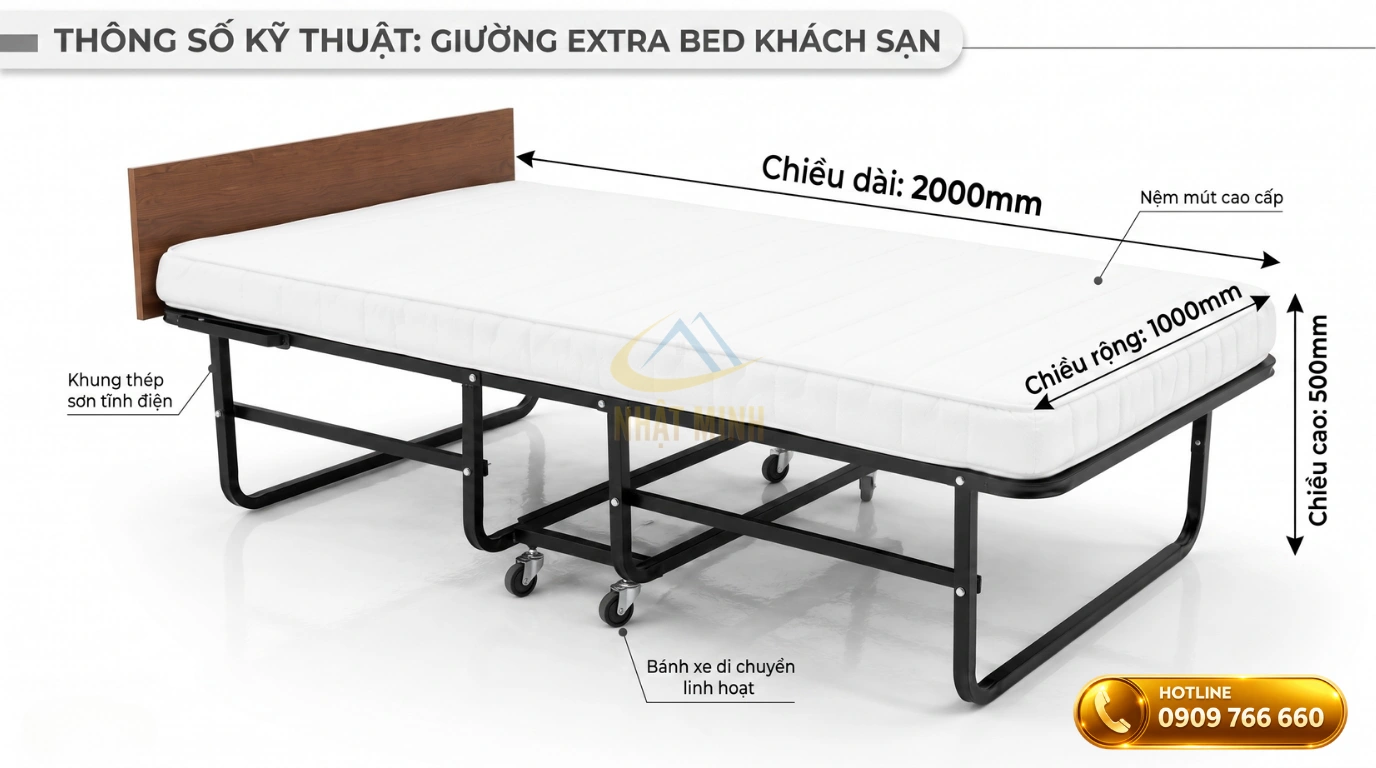 Bảng kích thước giường extra bed mở rộng chuẩn 5 sao cho phòng khách sạn