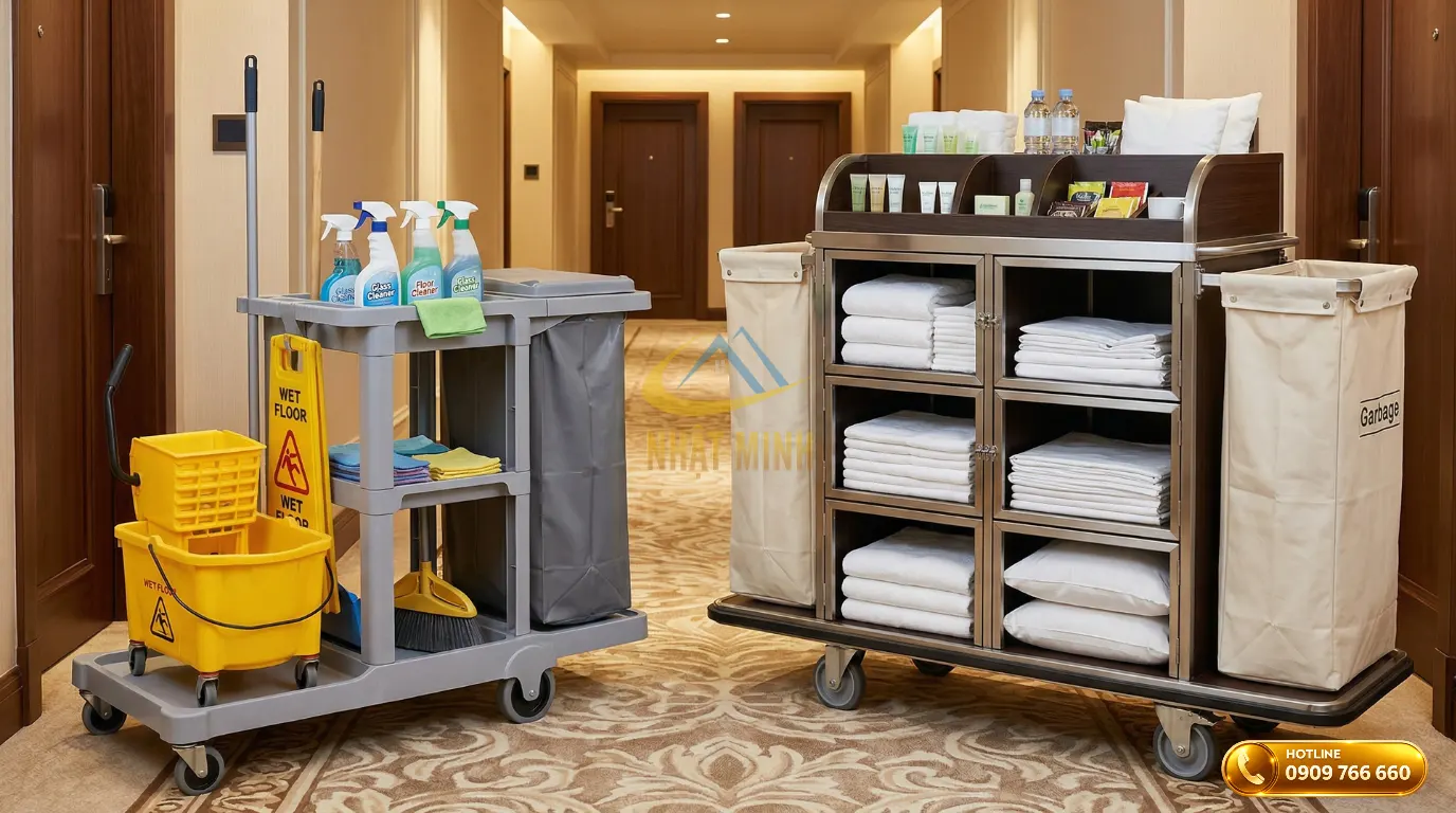 Xe dọn vệ sinh trái và xe đẩy làm phòng phải