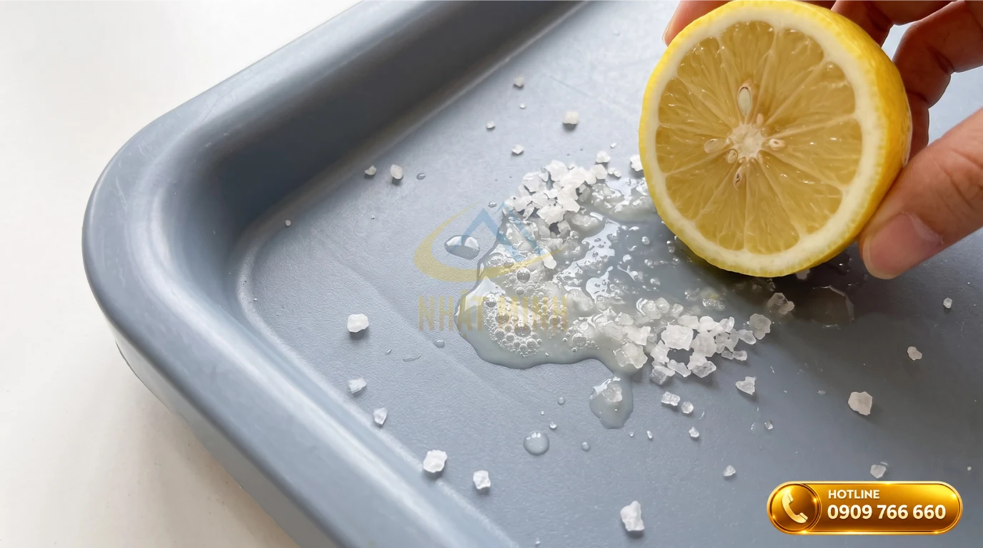 Sử dụng chanh tươi và muối để cọ rửa khay nhựa đựng thức ăn thừa
