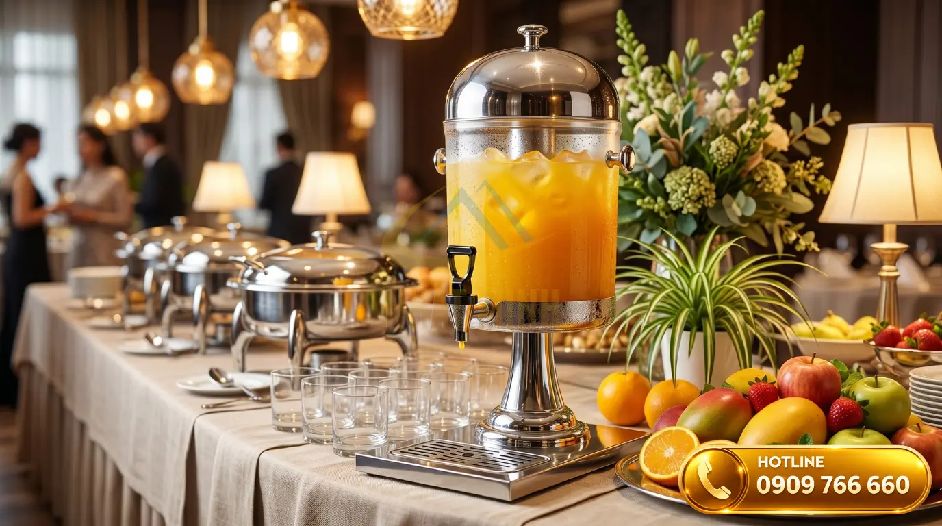 Bình nước ép trái cây buffet cao cấp phục vụ trên bàn tiệc nhà hàng