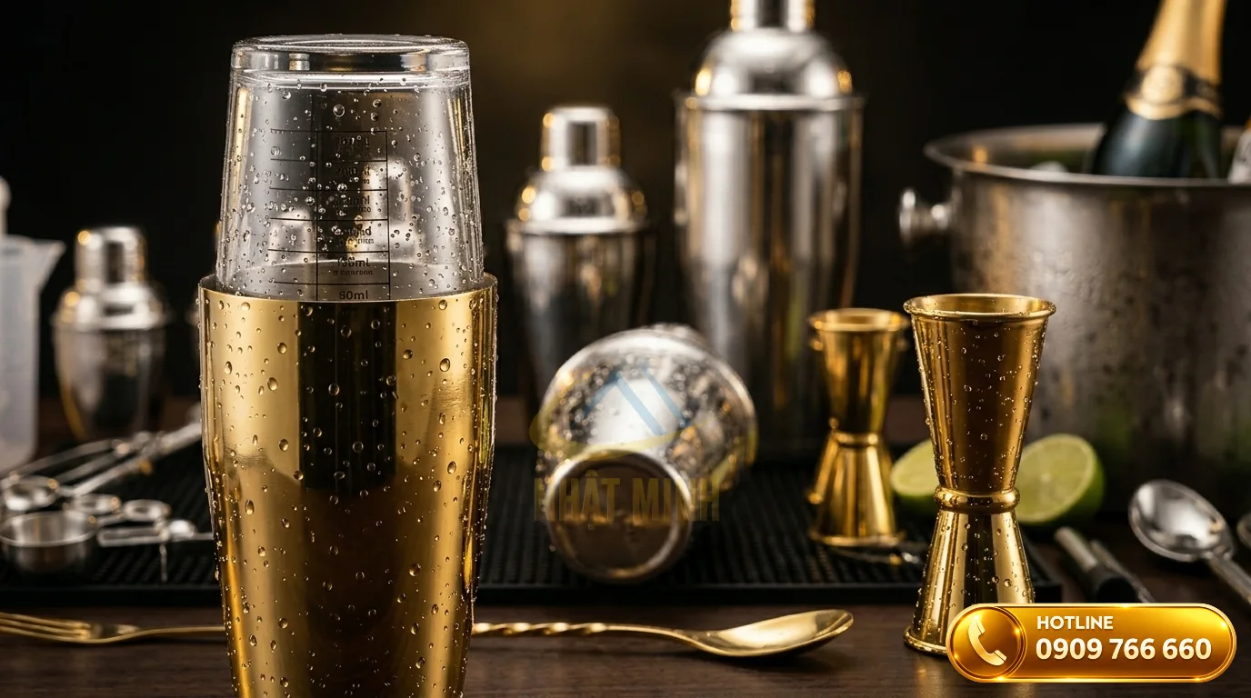 Bình shaker và ly đong jigger trong bộ dụng cụ quầy bar