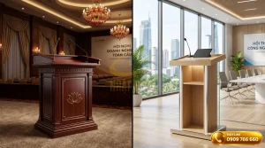 So sánh bục phát biểu hội trường bằng gỗ tự nhiên và gỗ công nghiệp