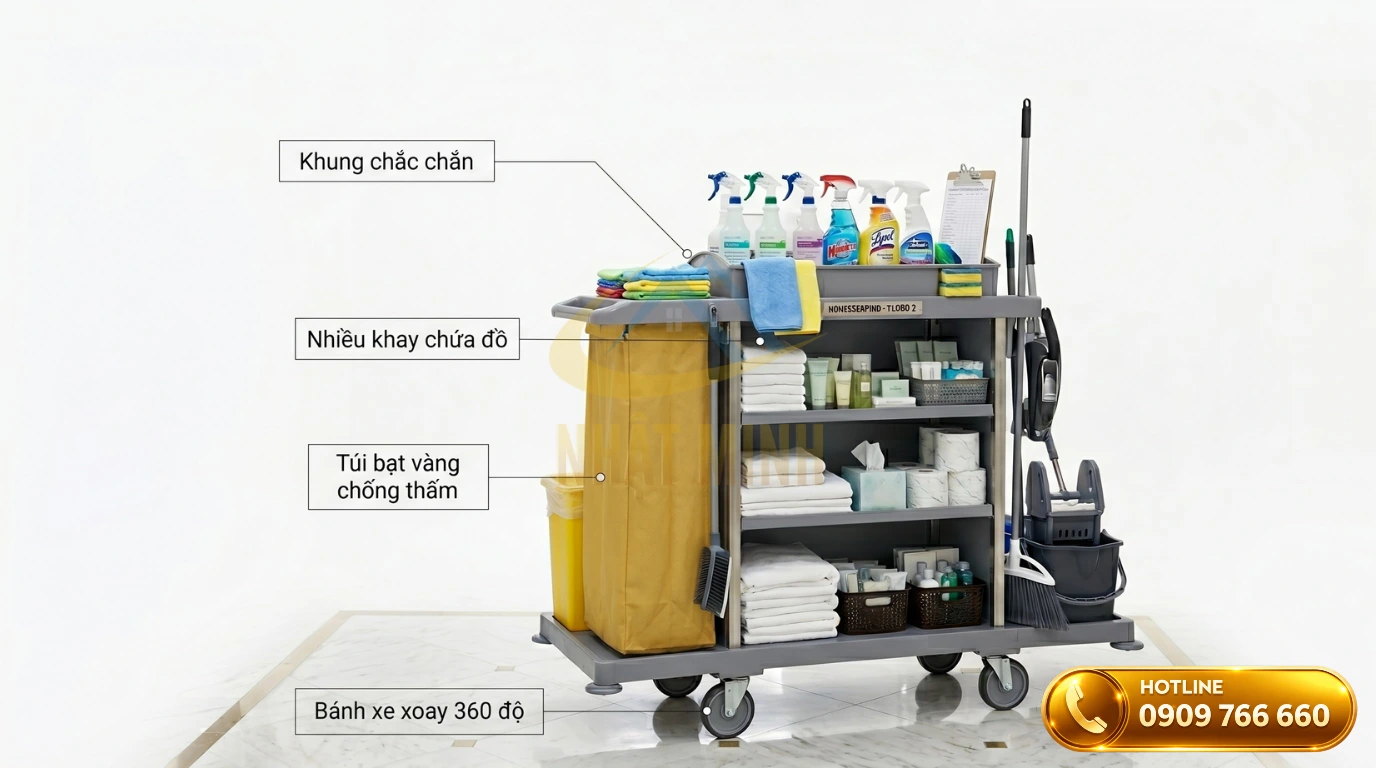 Chi tiết cấu tạo xe dọn vệ sinh bao gồm khung thép, bánh xe, túi rác và khay nhựa