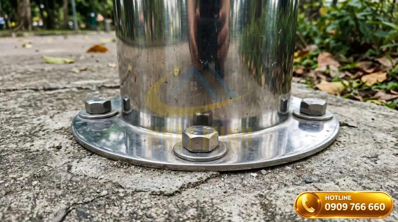 Cố định phần chân đế thùng rác ngoài trời trên bề mặt nền bê tông cứng